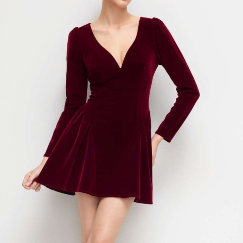 Cider Deep Red Velvet Long Sleeve Dress